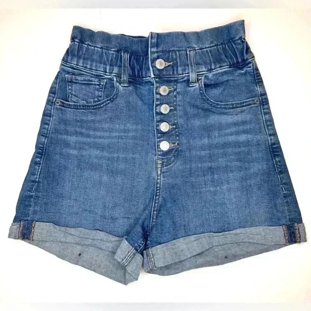Express Paperbag Denim Super High Rise Shortie Button Fly Shorts Womens Size XS